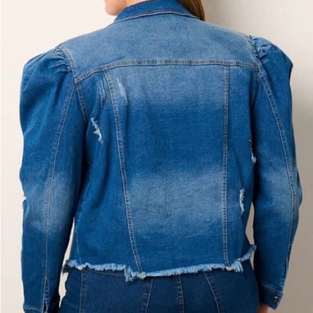 Plus Size 2XL Long Puff Sleeve Stars Embroidered Distressed Denim Jacket - Picture 5 of 11